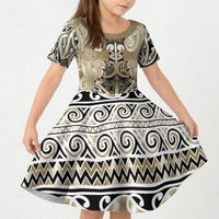 Aotearoa Iwi Waikato Tainui Kid Short Sleeve Dress Maori Wharenui House Tribal Pattern LT9 KID Light Gold - Polynesian Pride