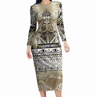 Aotearoa Iwi Waikato Tainui Long Sleeve Bodycon Dress Maori Wharenui House Tribal Pattern LT9 Long Dress Light Gold - Polynesian Pride