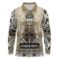 Aotearoa Iwi Waikato Tainui Long Sleeve Polo Shirt Maori Wharenui House Tribal Pattern LT9 Light Gold - Polynesian Pride
