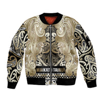 Aotearoa Iwi Waikato Tainui Sleeve Zip Bomber Jacket Maori Wharenui House Tribal Pattern LT9 Unisex Light Gold - Polynesian Pride
