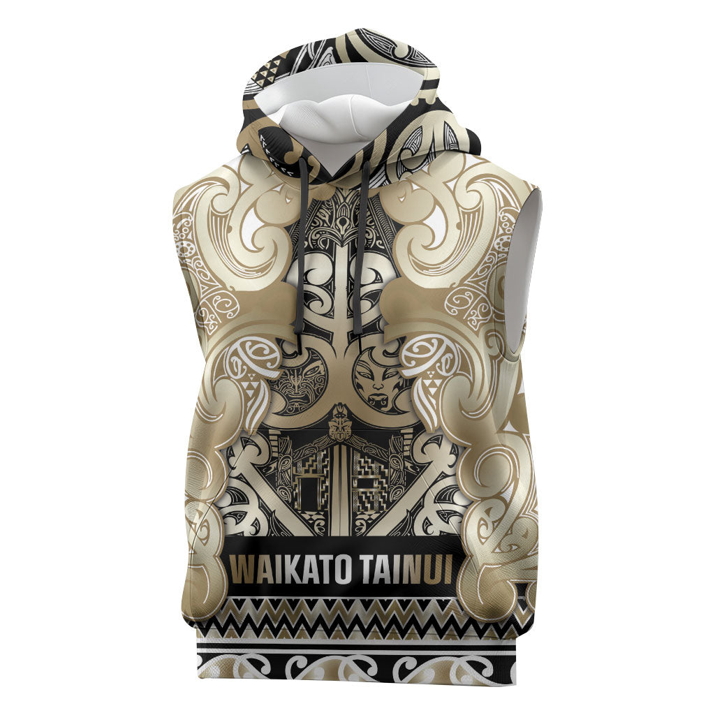 Aotearoa Iwi Waikato Tainui Sleeveless Hoodie Maori Wharenui House Tribal Pattern LT9 Light Gold - Polynesian Pride