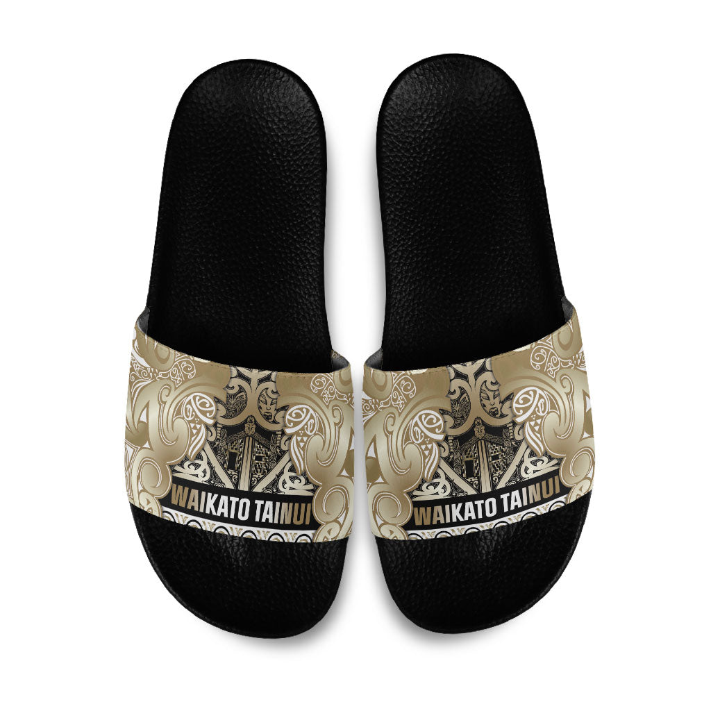 Aotearoa Iwi Waikato Tainui Slide Sandals Maori Wharenui House Tribal Pattern LT9 Light Gold - Polynesian Pride