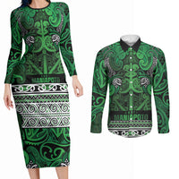 Aotearoa Iwi Ngati Maniapoto Couples Matching Long Sleeve Bodycon Dress and Long Sleeve Button Shirt Maori Wharenui House Tribal Pattern LT9 Dark green - Polynesian Pride