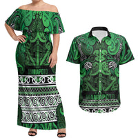 Aotearoa Iwi Ngati Maniapoto Couples Matching Off Shoulder Maxi Dress and Hawaiian Shirt Maori Wharenui House Tribal Pattern LT9 Dark green - Polynesian Pride