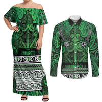 Aotearoa Iwi Ngati Maniapoto Couples Matching Off Shoulder Maxi Dress and Long Sleeve Button Shirt Maori Wharenui House Tribal Pattern LT9 Dark green - Polynesian Pride
