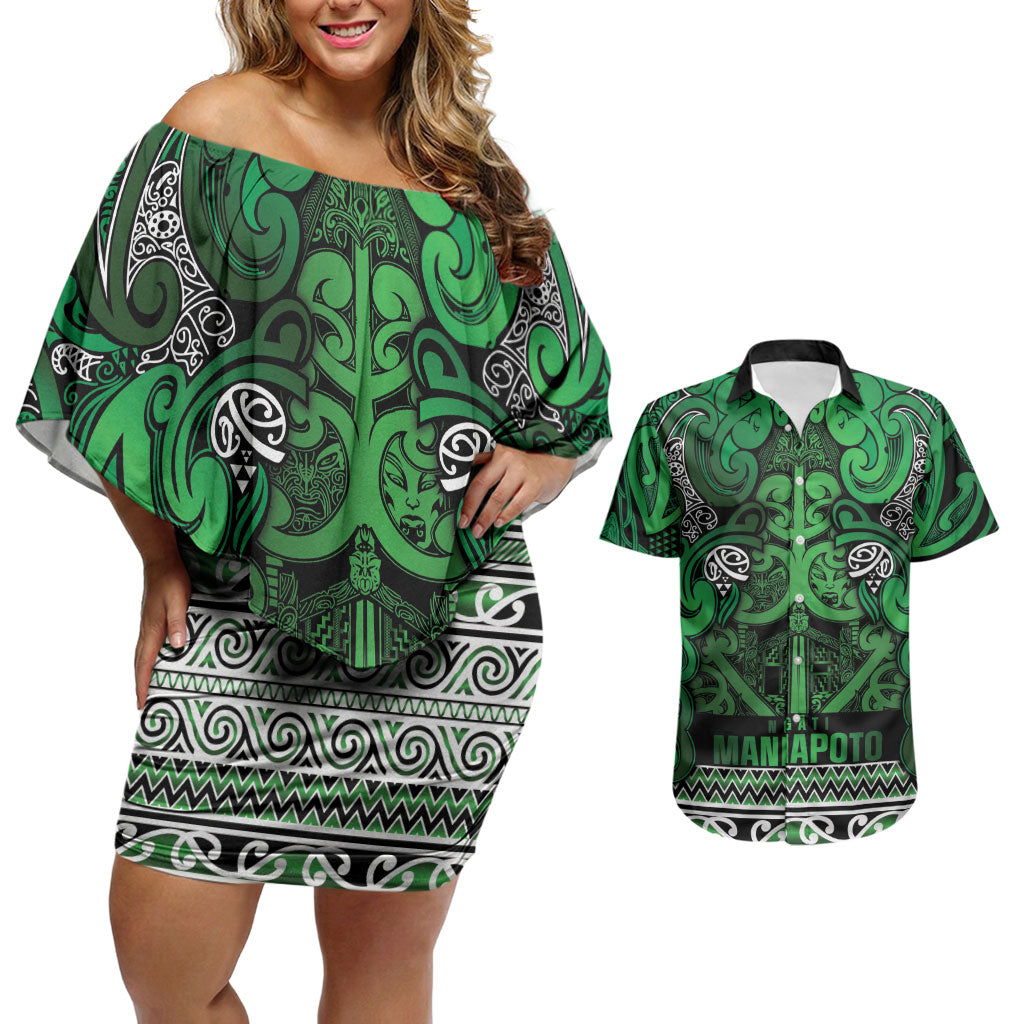 Aotearoa Iwi Ngati Maniapoto Couples Matching Off Shoulder Short Dress and Hawaiian Shirt Maori Wharenui House Tribal Pattern LT9 Dark green - Polynesian Pride