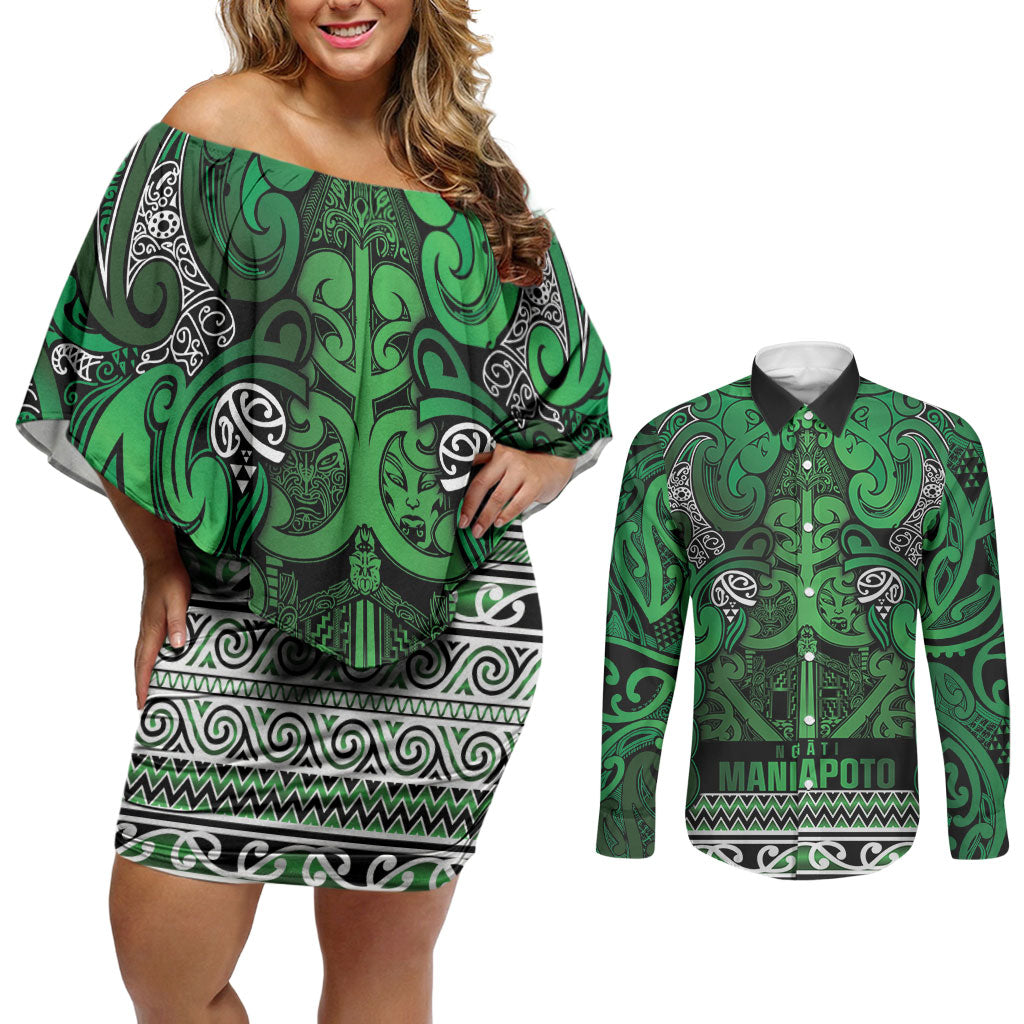 Aotearoa Iwi Ngati Maniapoto Couples Matching Off Shoulder Short Dress and Long Sleeve Button Shirt Maori Wharenui House Tribal Pattern LT9 Dark green - Polynesian Pride