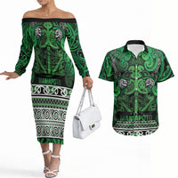 Aotearoa Iwi Ngati Maniapoto Couples Matching Off The Shoulder Long Sleeve Dress and Hawaiian Shirt Maori Wharenui House Tribal Pattern LT9 Dark green - Polynesian Pride