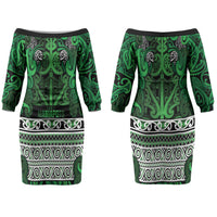 Aotearoa Iwi Ngati Maniapoto Couples Matching Off The Shoulder Long Sleeve Dress and Hawaiian Shirt Maori Wharenui House Tribal Pattern LT9 - Polynesian Pride