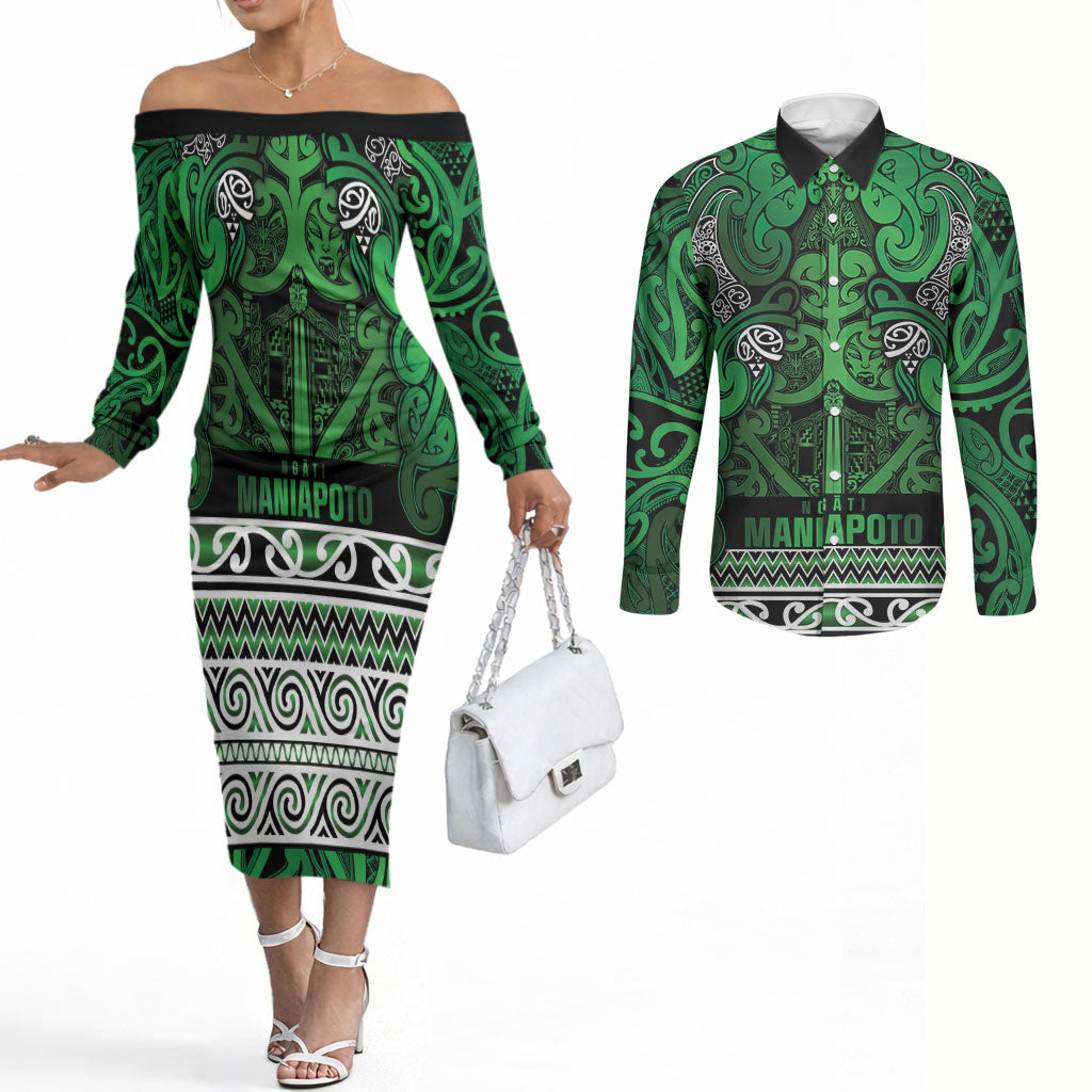 Aotearoa Iwi Ngati Maniapoto Couples Matching Off The Shoulder Long Sleeve Dress and Long Sleeve Button Shirt Maori Wharenui House Tribal Pattern LT9 Dark green - Polynesian Pride