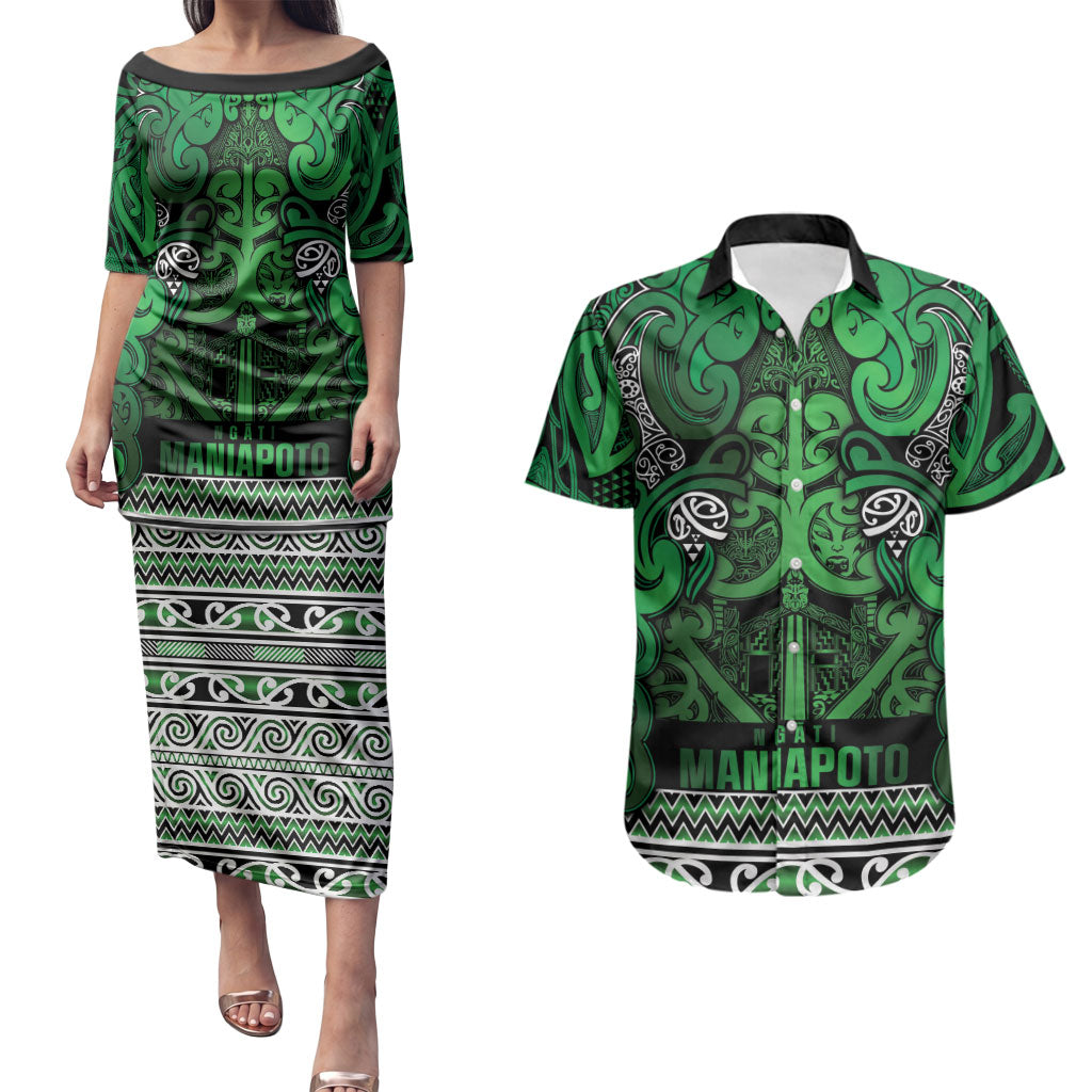 Aotearoa Iwi Ngati Maniapoto Couples Matching Puletasi and Hawaiian Shirt Maori Wharenui House Tribal Pattern LT9 Dark green - Polynesian Pride