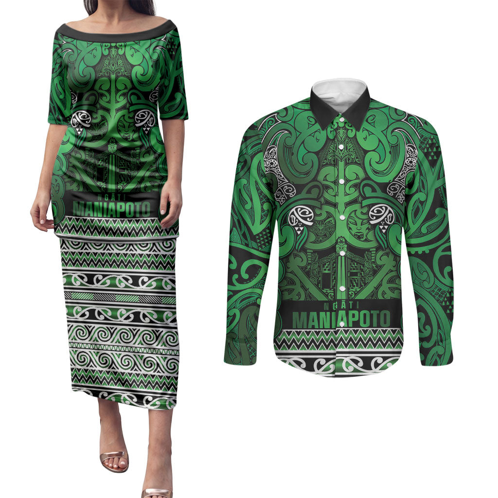 Aotearoa Iwi Ngati Maniapoto Couples Matching Puletasi and Long Sleeve Button Shirt Maori Wharenui House Tribal Pattern LT9 Dark green - Polynesian Pride