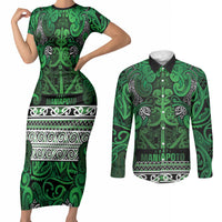 Aotearoa Iwi Ngati Maniapoto Couples Matching Short Sleeve Bodycon Dress and Long Sleeve Button Shirt Maori Wharenui House Tribal Pattern LT9 Dark green - Polynesian Pride