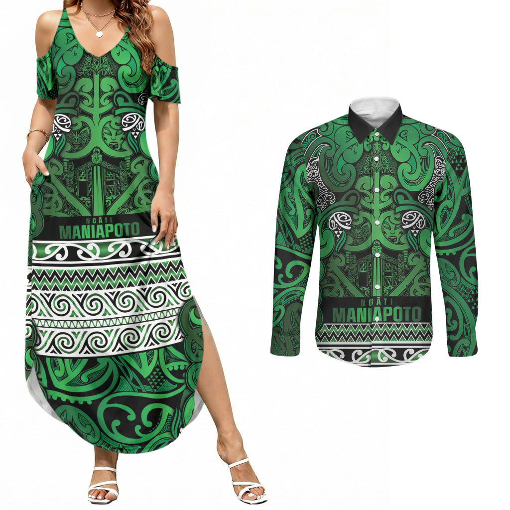 Aotearoa Iwi Ngati Maniapoto Couples Matching Summer Maxi Dress and Long Sleeve Button Shirt Maori Wharenui House Tribal Pattern LT9 Dark green - Polynesian Pride