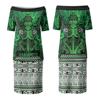 Aotearoa Iwi Ngati Maniapoto Family Matching Puletasi and Hawaiian Shirt Maori Wharenui House Tribal Pattern LT9 Mom's Dress Dark green - Polynesian Pride