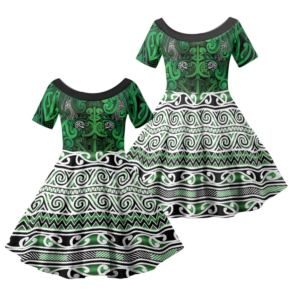 Aotearoa Iwi Ngati Maniapoto Family Matching Puletasi and Hawaiian Shirt Maori Wharenui House Tribal Pattern LT9 Daughter's Dress Dark green - Polynesian Pride