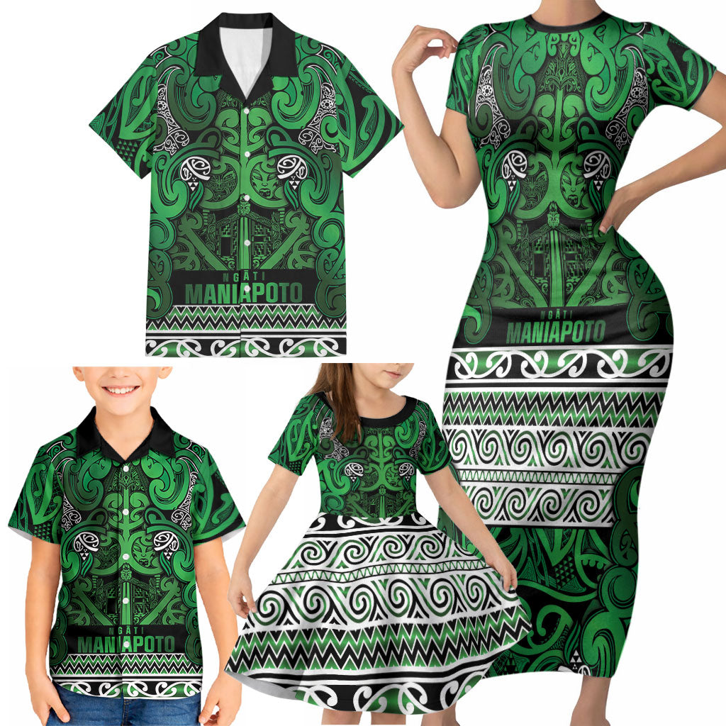 Aotearoa Iwi Ngati Maniapoto Family Matching Short Sleeve Bodycon Dress and Hawaiian Shirt Maori Wharenui House Tribal Pattern LT9 - Polynesian Pride