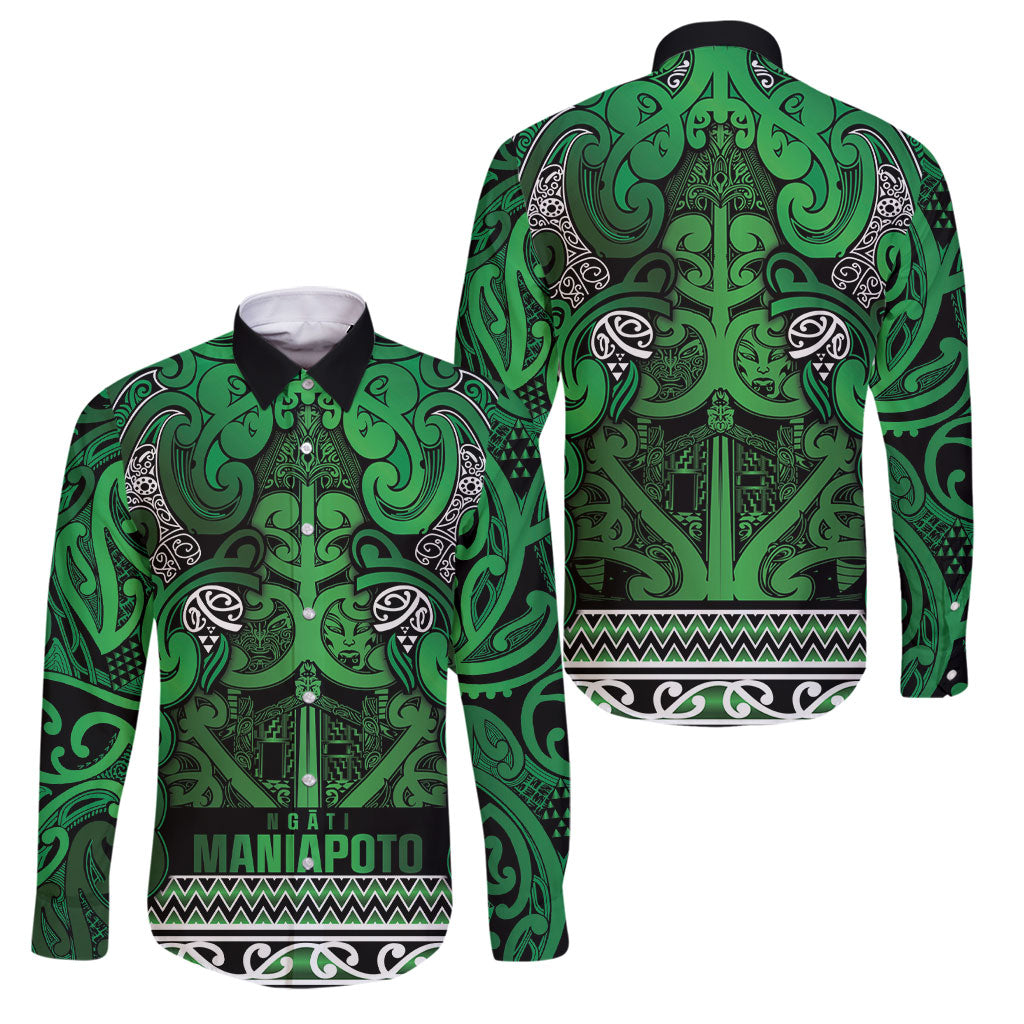 Aotearoa Iwi Ngati Maniapoto Family Matching Tank Maxi Dress and Hawaiian Shirt Maori Wharenui House Tribal Pattern LT9 Dad's Shirt - Long Sleeve Dark green - Polynesian Pride