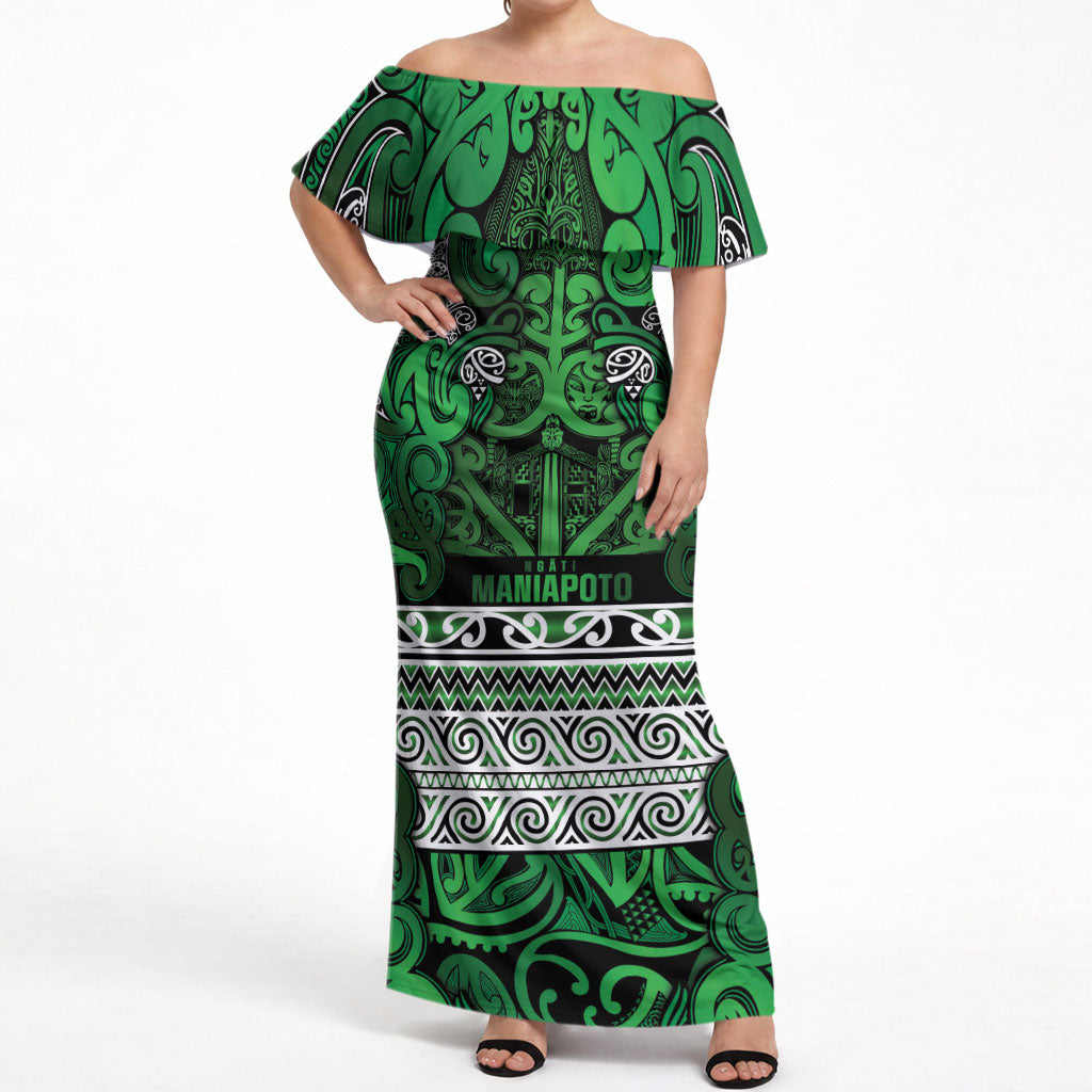 Aotearoa Iwi Ngati Maniapoto Off Shoulder Maxi Dress Maori Wharenui House Tribal Pattern LT9 Women Dark green - Polynesian Pride