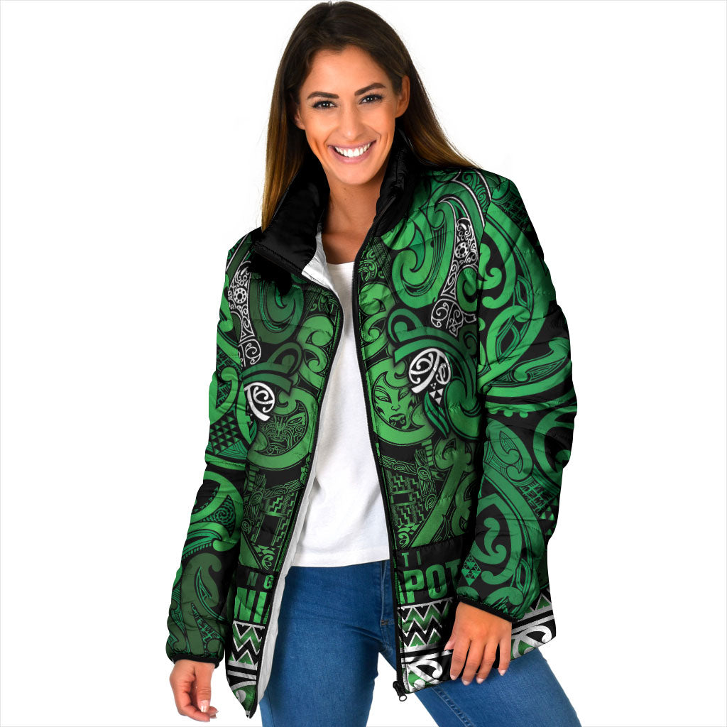 Aotearoa Iwi Ngati Maniapoto Padded Jacket Maori Wharenui House Tribal Pattern LT9 Women Dark green - Polynesian Pride