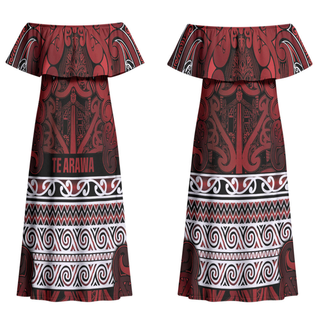 Aotearoa Iwi Te Arawa Couples Matching Off Shoulder Maxi Dress and Long Sleeve Button Shirt Maori Wharenui House Tribal Pattern LT9 - Polynesian Pride