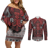 Aotearoa Iwi Te Arawa Couples Matching Off Shoulder Short Dress and Long Sleeve Button Shirt Maori Wharenui House Tribal Pattern LT9 Dark Red - Polynesian Pride