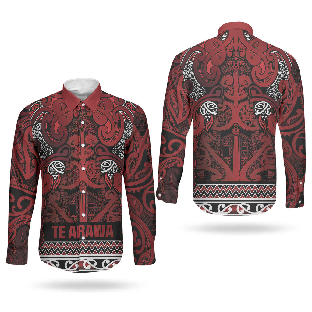 Aotearoa Iwi Te Arawa Couples Matching Off Shoulder Short Dress and Long Sleeve Button Shirt Maori Wharenui House Tribal Pattern LT9 - Polynesian Pride