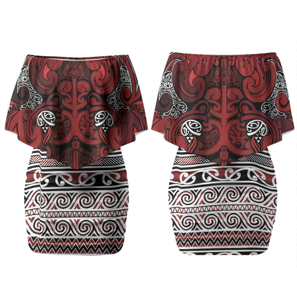 Aotearoa Iwi Te Arawa Couples Matching Off Shoulder Short Dress and Long Sleeve Button Shirt Maori Wharenui House Tribal Pattern LT9 - Polynesian Pride