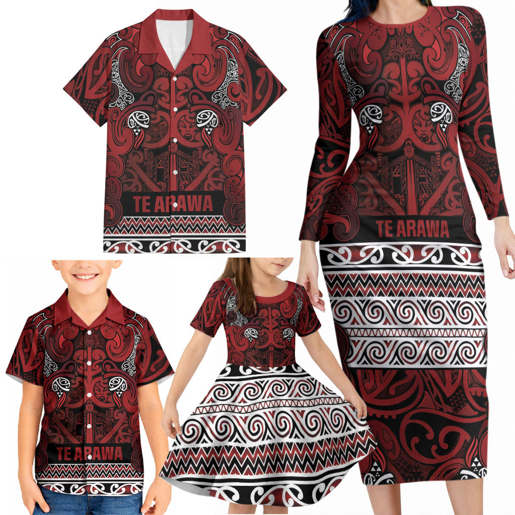 Aotearoa Iwi Te Arawa Family Matching Long Sleeve Bodycon Dress and Hawaiian Shirt Maori Wharenui House Tribal Pattern LT9 - Polynesian Pride