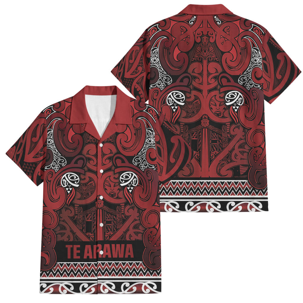 Aotearoa Iwi Te Arawa Family Matching Mermaid Dress and Hawaiian Shirt Maori Wharenui House Tribal Pattern LT9 Dad's Shirt - Short Sleeve Dark Red - Polynesian Pride