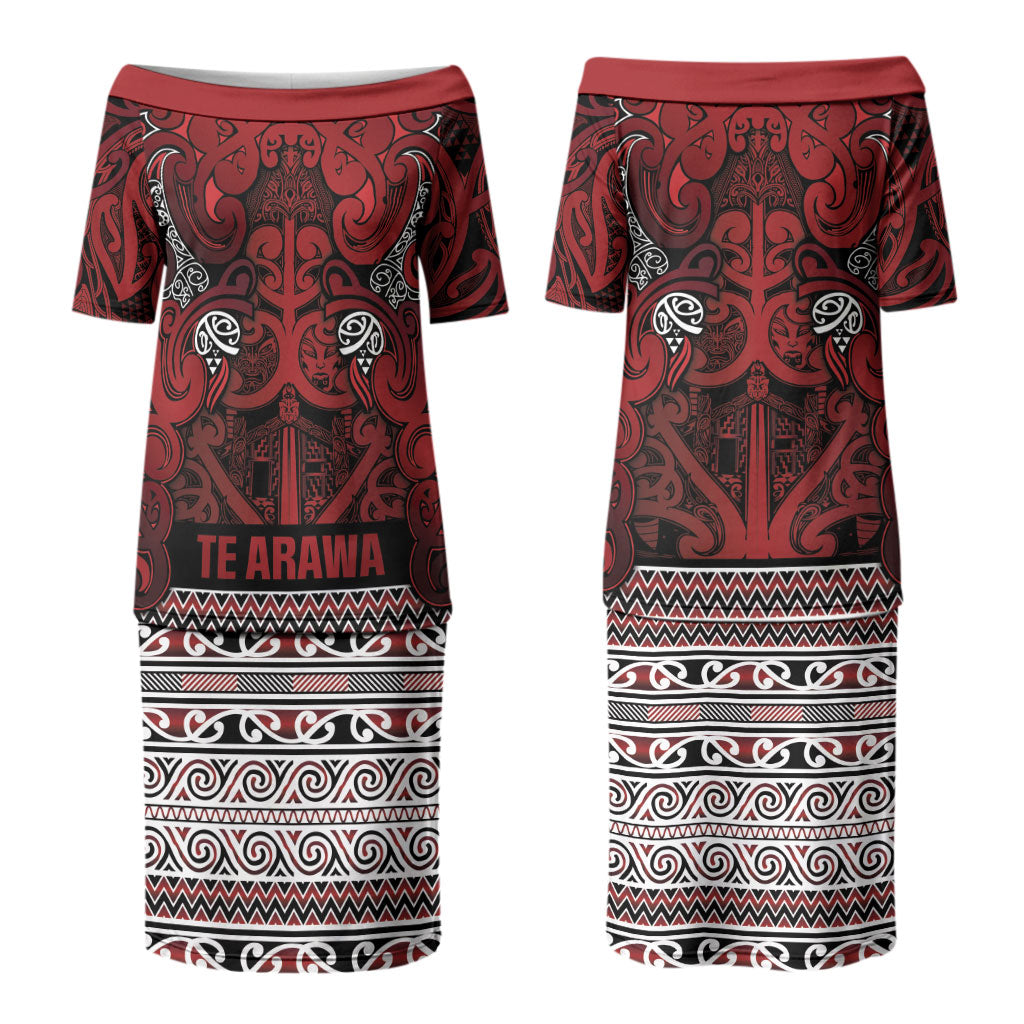 Aotearoa Iwi Te Arawa Family Matching Puletasi and Hawaiian Shirt Maori Wharenui House Tribal Pattern LT9 Mom's Dress Dark Red - Polynesian Pride