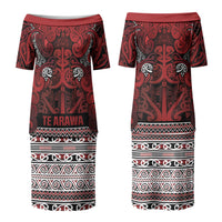 Aotearoa Iwi Te Arawa Family Matching Puletasi and Hawaiian Shirt Maori Wharenui House Tribal Pattern LT9 Mom's Dress Dark Red - Polynesian Pride