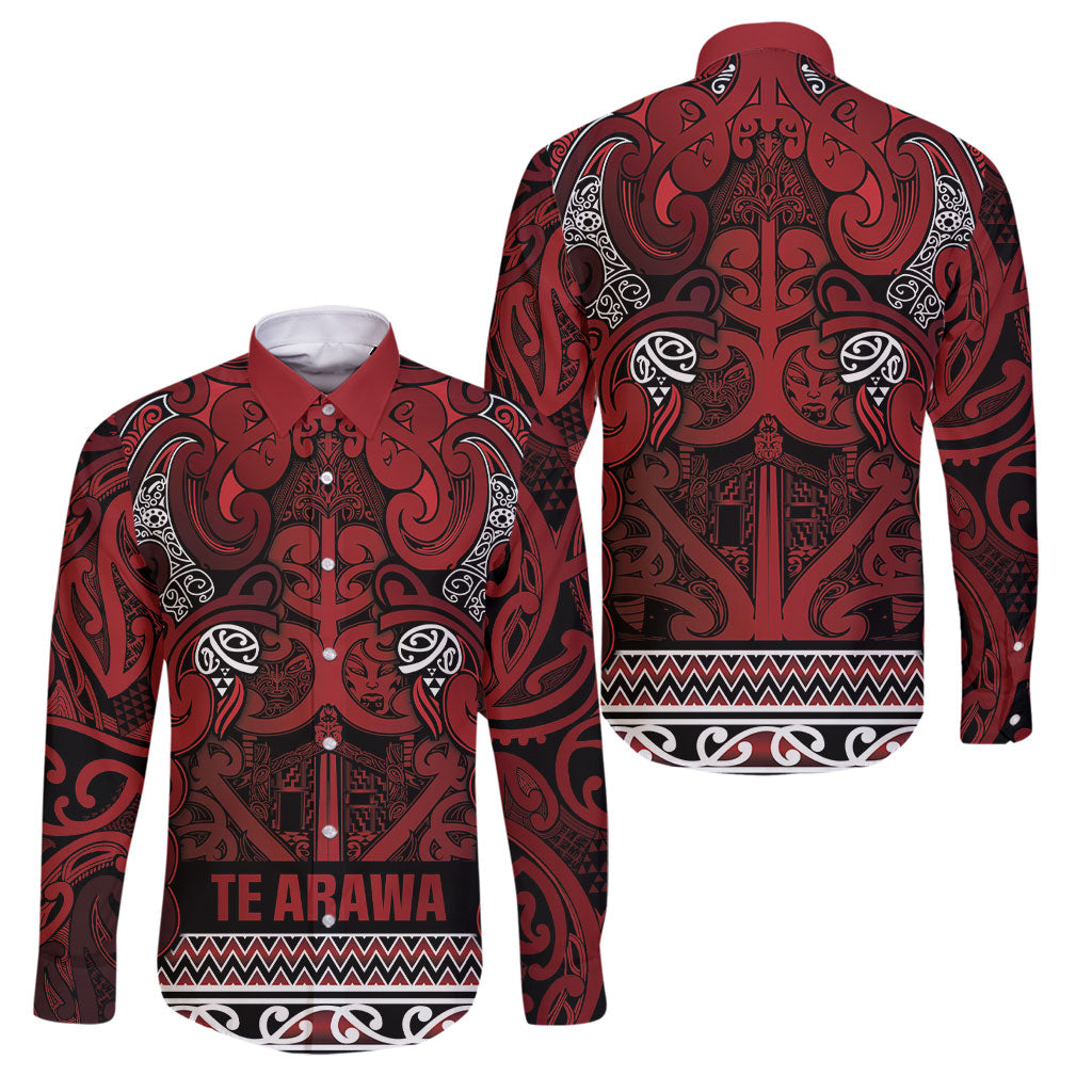 Aotearoa Iwi Te Arawa Family Matching Puletasi and Hawaiian Shirt Maori Wharenui House Tribal Pattern LT9 Dad's Shirt - Long Sleeve Dark Red - Polynesian Pride