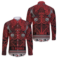 Aotearoa Iwi Te Arawa Family Matching Puletasi and Hawaiian Shirt Maori Wharenui House Tribal Pattern LT9 Dad's Shirt - Long Sleeve Dark Red - Polynesian Pride