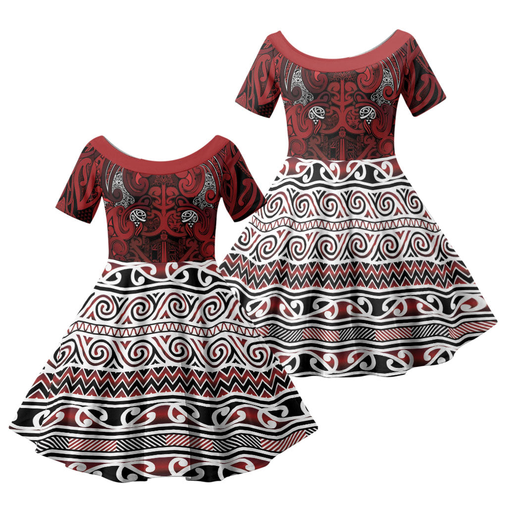 Aotearoa Iwi Te Arawa Family Matching Puletasi and Hawaiian Shirt Maori Wharenui House Tribal Pattern LT9 Daughter's Dress Dark Red - Polynesian Pride