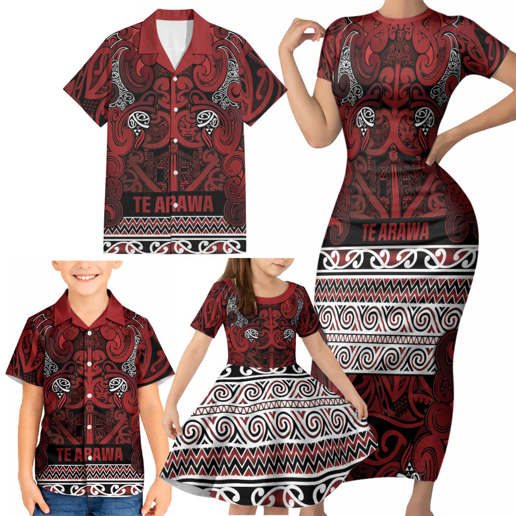 Aotearoa Iwi Te Arawa Family Matching Short Sleeve Bodycon Dress and Hawaiian Shirt Maori Wharenui House Tribal Pattern LT9 - Polynesian Pride
