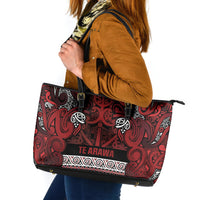 Aotearoa Iwi Te Arawa Leather Tote Bag Maori Wharenui House Tribal Pattern LT9 Dark Red - Polynesian Pride