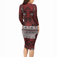 Aotearoa Iwi Te Arawa Long Sleeve Bodycon Dress Maori Wharenui House Tribal Pattern LT9 - Polynesian Pride