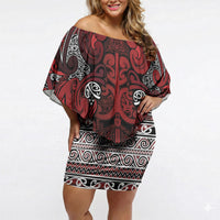 Aotearoa Iwi Te Arawa Off Shoulder Short Dress Maori Wharenui House Tribal Pattern LT9 Women Dark Red - Polynesian Pride