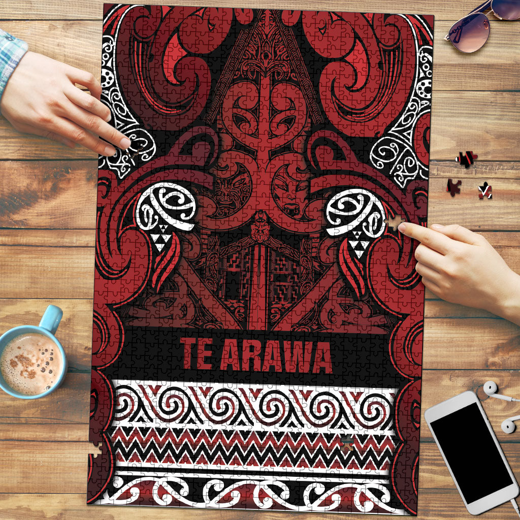 Aotearoa Iwi Te Arawa Puzzle Maori Wharenui House Tribal Pattern LT9 Dark Red - Polynesian Pride