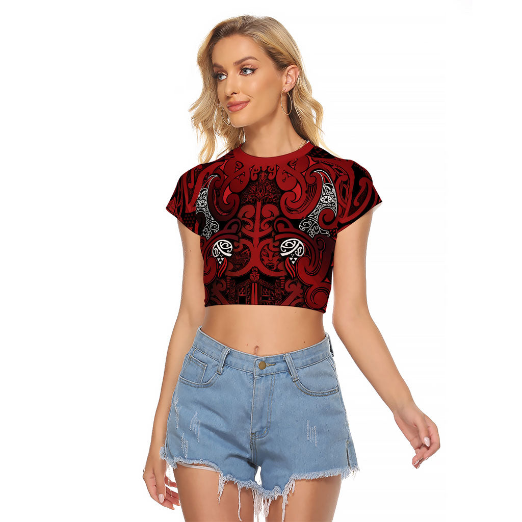 Aotearoa Iwi Te Arawa Raglan Cropped T Shirt Maori Wharenui House Tribal Pattern LT9 Female Dark Red - Polynesian Pride