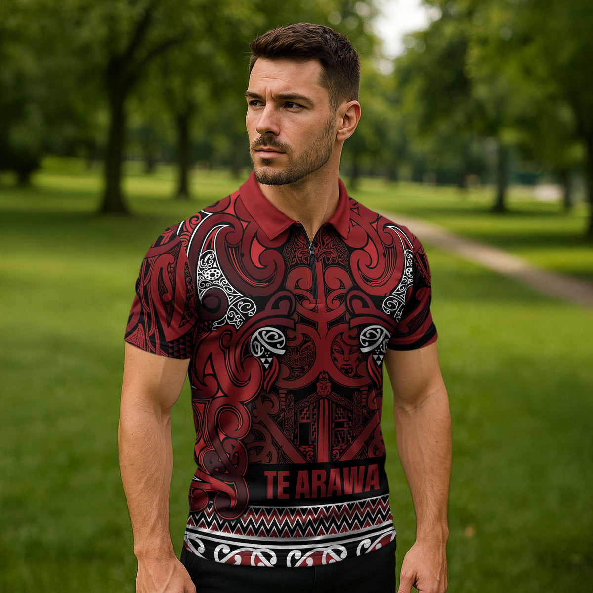 Aotearoa Iwi Te Arawa Zipper Polo Shirt Maori Wharenui House Tribal Pattern LT9 - Polynesian Pride