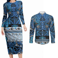 Aotearoa Iwi Ngati Porou Couples Matching Long Sleeve Bodycon Dress and Long Sleeve Button Shirt Maori Wharenui House Tribal Pattern LT9 Blue - Polynesian Pride