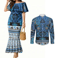 Aotearoa Iwi Ngati Porou Couples Matching Mermaid Dress and Long Sleeve Button Shirt Maori Wharenui House Tribal Pattern LT9 Blue - Polynesian Pride
