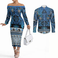 Aotearoa Iwi Ngati Porou Couples Matching Off The Shoulder Long Sleeve Dress and Long Sleeve Button Shirt Maori Wharenui House Tribal Pattern LT9 Blue - Polynesian Pride