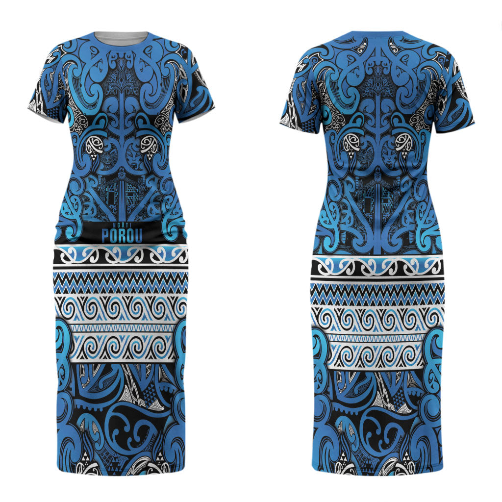 Aotearoa Iwi Ngati Porou Couples Matching Short Sleeve Bodycon Dress and Long Sleeve Button Shirt Maori Wharenui House Tribal Pattern LT9 - Polynesian Pride