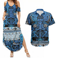 Aotearoa Iwi Ngati Porou Couples Matching Summer Maxi Dress and Hawaiian Shirt Maori Wharenui House Tribal Pattern LT9 Blue - Polynesian Pride