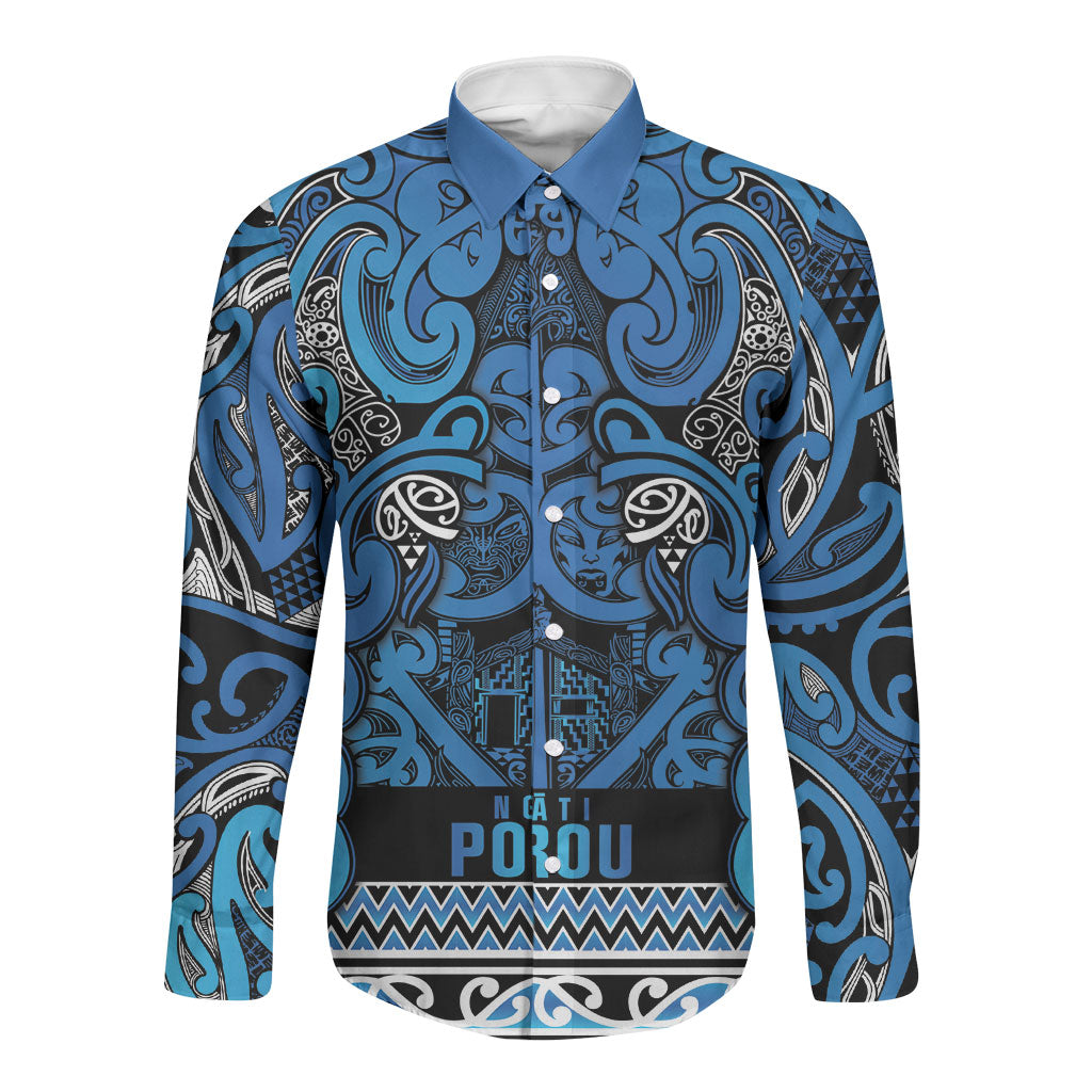 Aotearoa Iwi Ngati Porou Long Sleeve Button Shirt Maori Wharenui House Tribal Pattern LT9 Unisex Blue - Polynesian Pride