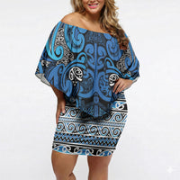 Aotearoa Iwi Ngati Porou Off Shoulder Short Dress Maori Wharenui House Tribal Pattern LT9 Women Blue - Polynesian Pride