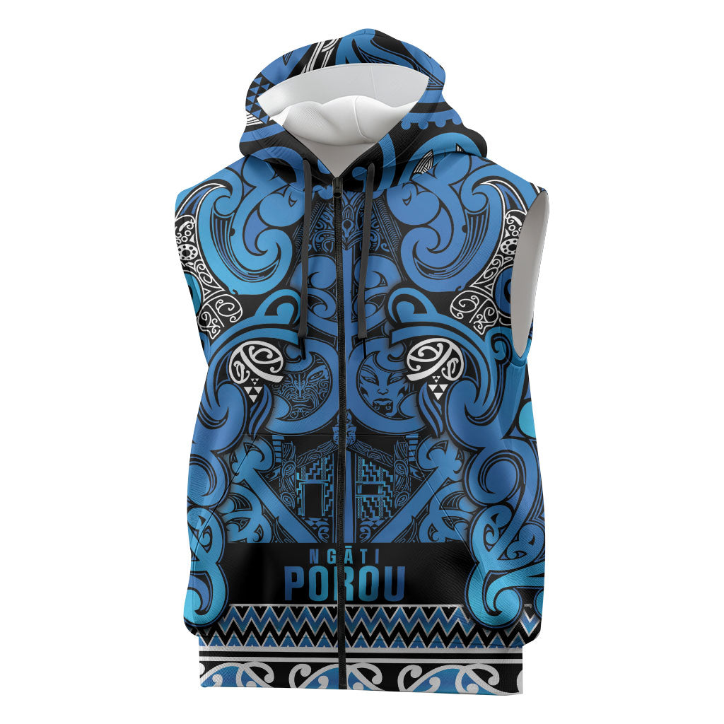 Aotearoa Iwi Ngati Porou Sleeveless Zip Hoodie Maori Wharenui House Tribal Pattern LT9 Blue - Polynesian Pride
